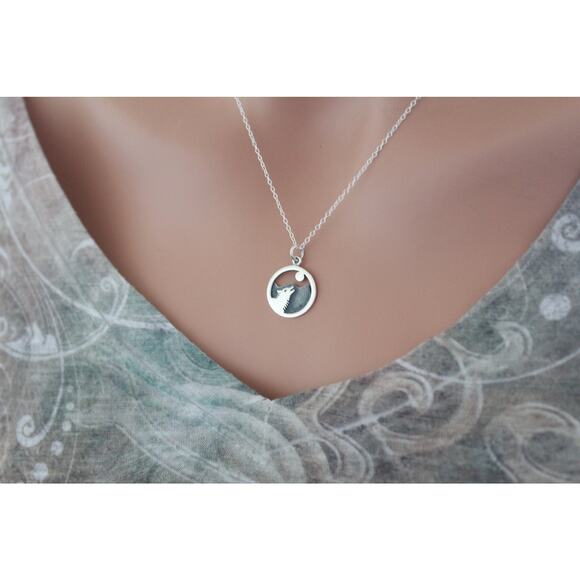 Sterling Silver Wolf Howling at the Moon Charm Necklace - Picture 2 of 3